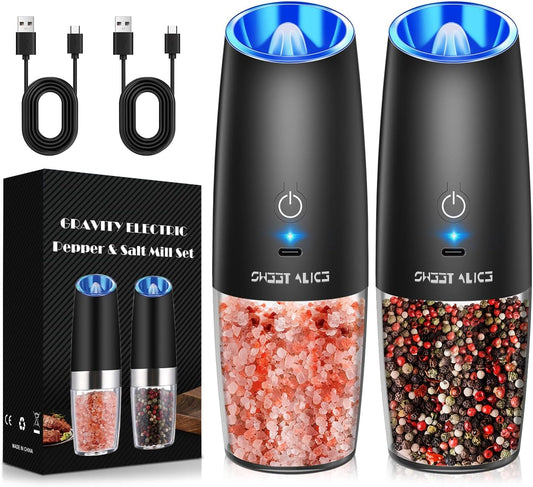 Sweet Alice Rechargeable Electric Pepper and Salt Grinder Set, No Battery Needed, Whit Gravity Sensing Switch and LED Light, One Hand Automatic Operation, Black 2 Pack