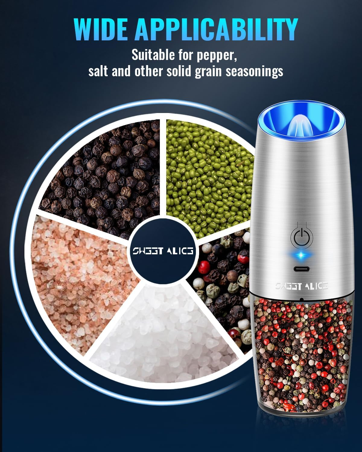 Sweet Alice Rechargeable Electric Pepper and Salt Grinder Set, No Battery Needed, Whit Gravity Sensing Switch and LED Light, One Hand Automatic Operation, Sliver 2 Pack