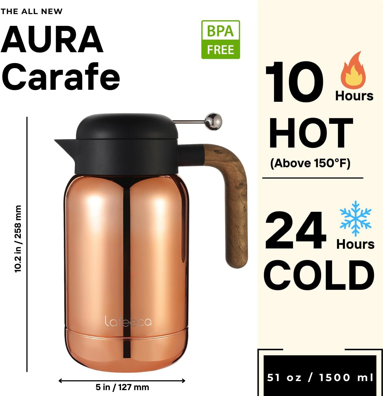 Aura Thermal Coffee Carafe Tea Pot for Keeping Hot & Iced Cold - Vacuum Insulated - Thermos Water Pitcher - Beverage Dispenser - Cool Touch Handle & Lid - BPA Free - 1.5 Liter - Copper