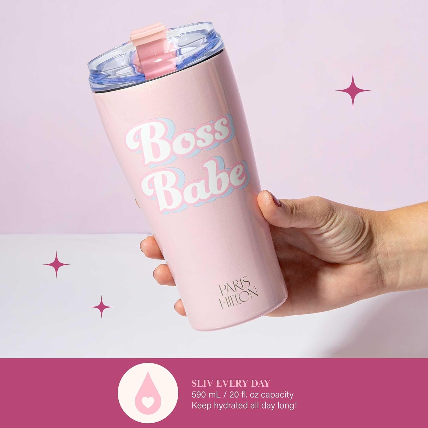 Paris Hilton Boss Babe Tumbler, Insulated Water Bottle with Leak-Proof, Flip-Top Lid, Stainless Steel Travel Cup Keeps Drinks Cold-24 Hours, Hot-8 Hours, 20-Ounce, Pink Iridescent