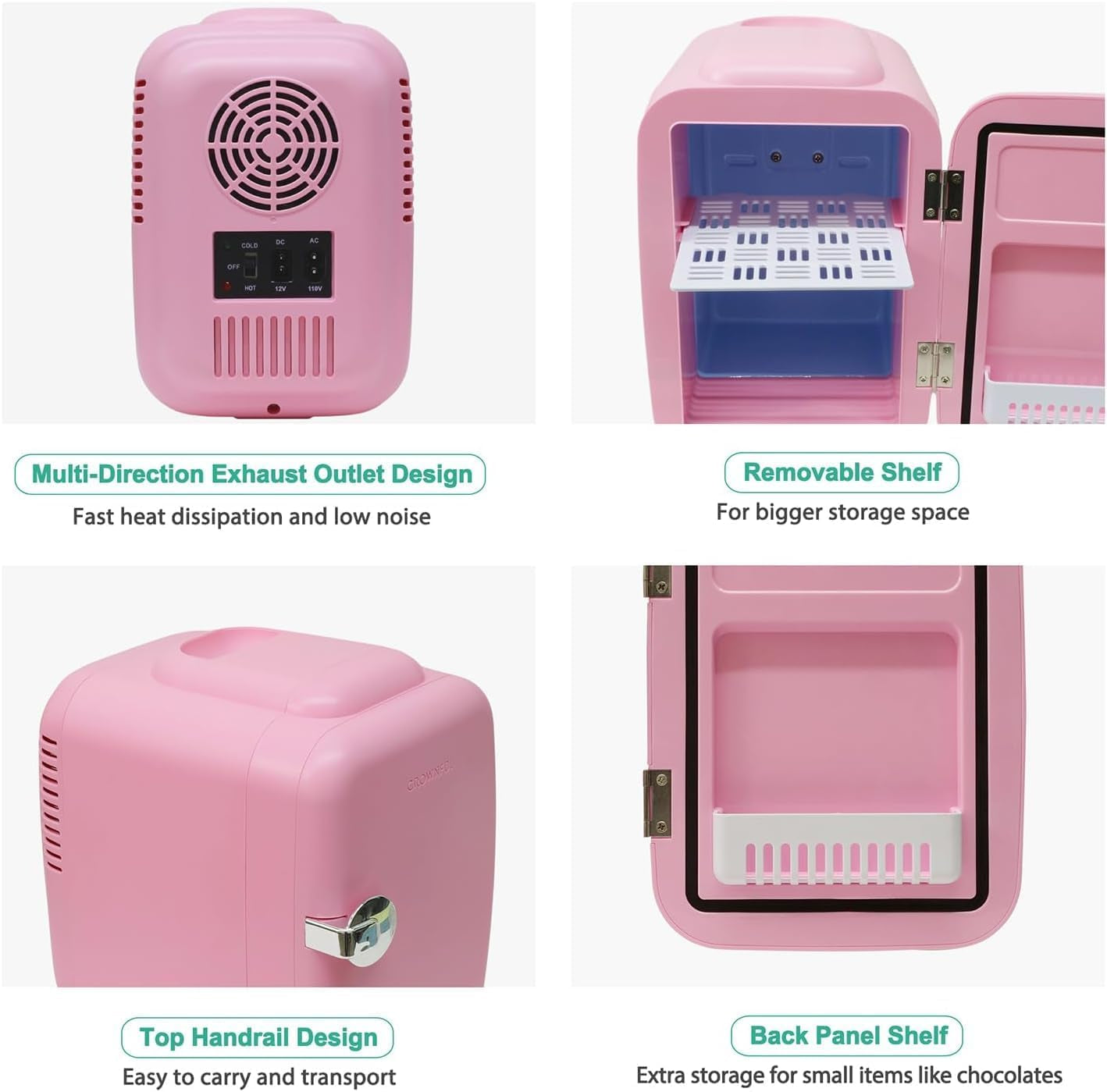 CROWNFUL Mini Fridge 4 Liter 6 Can Portable Cooler and Warmer Fridge for Skin Care & Cosmetics (Pink)