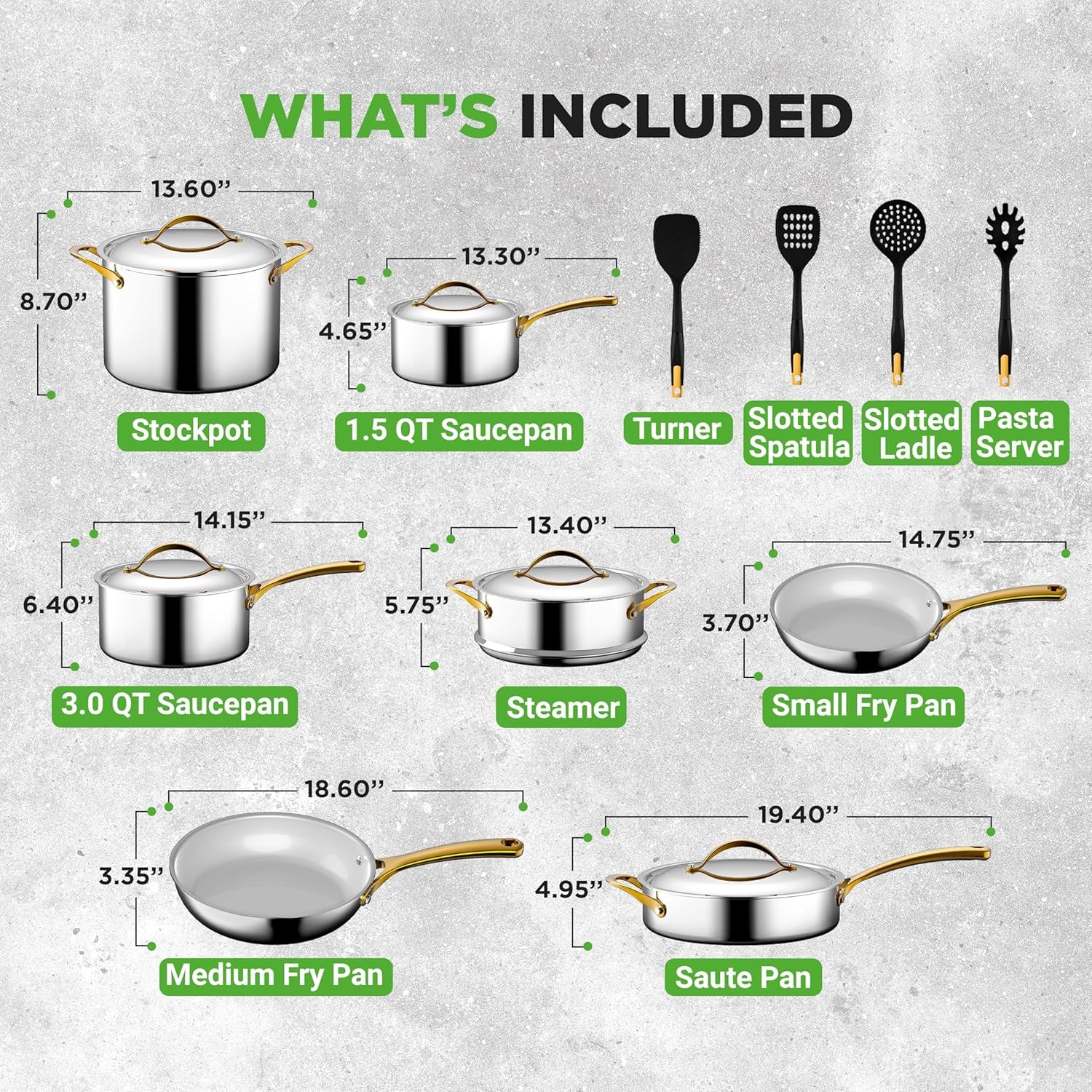 Nutrichef 16-Piece Premium Stainless Steel Cookware Set – Tri-Ply Construction, Induction Compatible, Stylish Design with Golden Handles, Includes Pots, Ceramic Coated Fry Pans, and Utensils