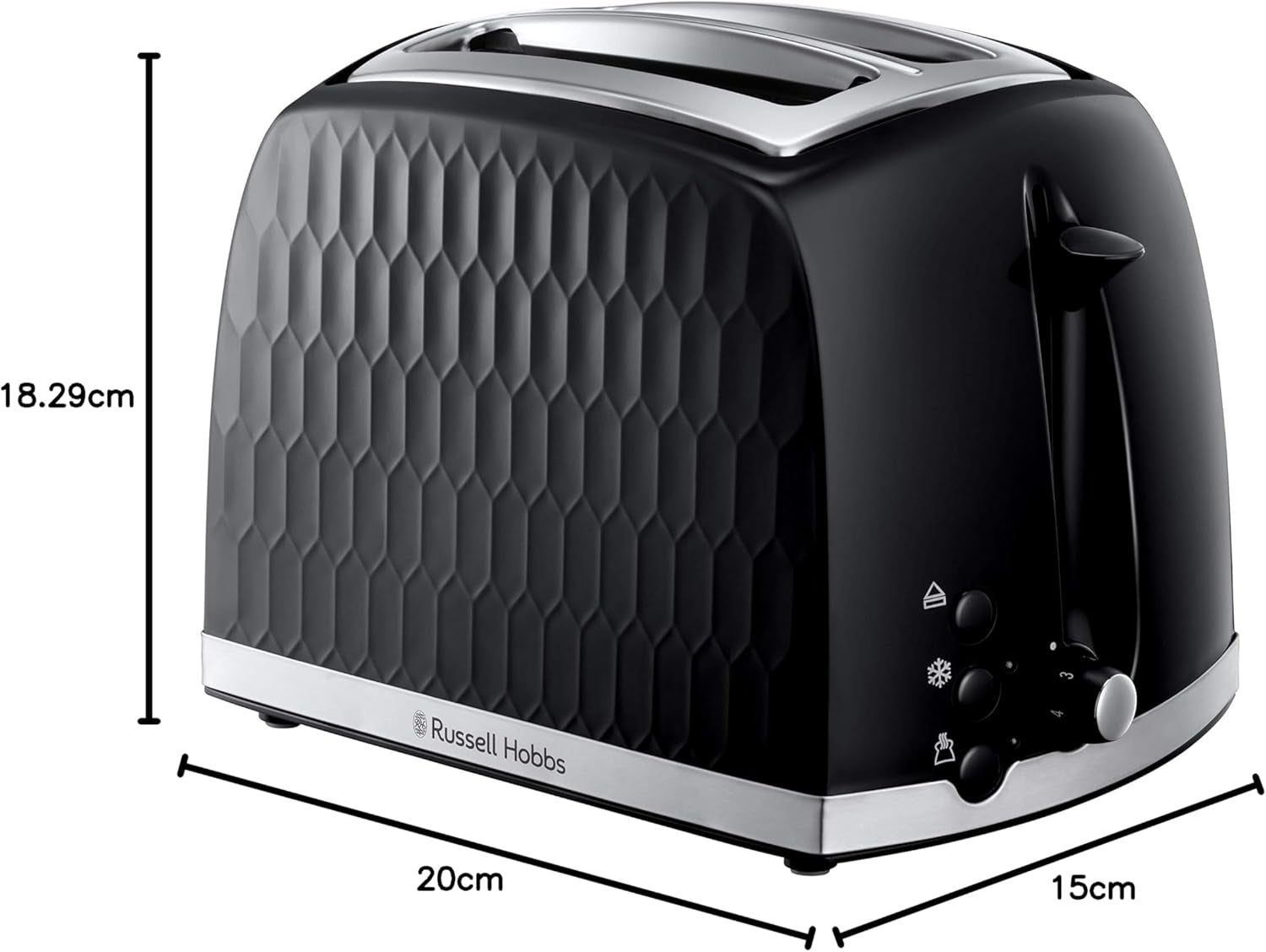 Honeycomb 2 Slice Toaster (Extra Wide Slots, High Lift Feature, 6 Browning Levels, Frozen/Cancel/Reheat Function, Removable Crumb Tray, 850W, Black, Textured High Gloss) 26061