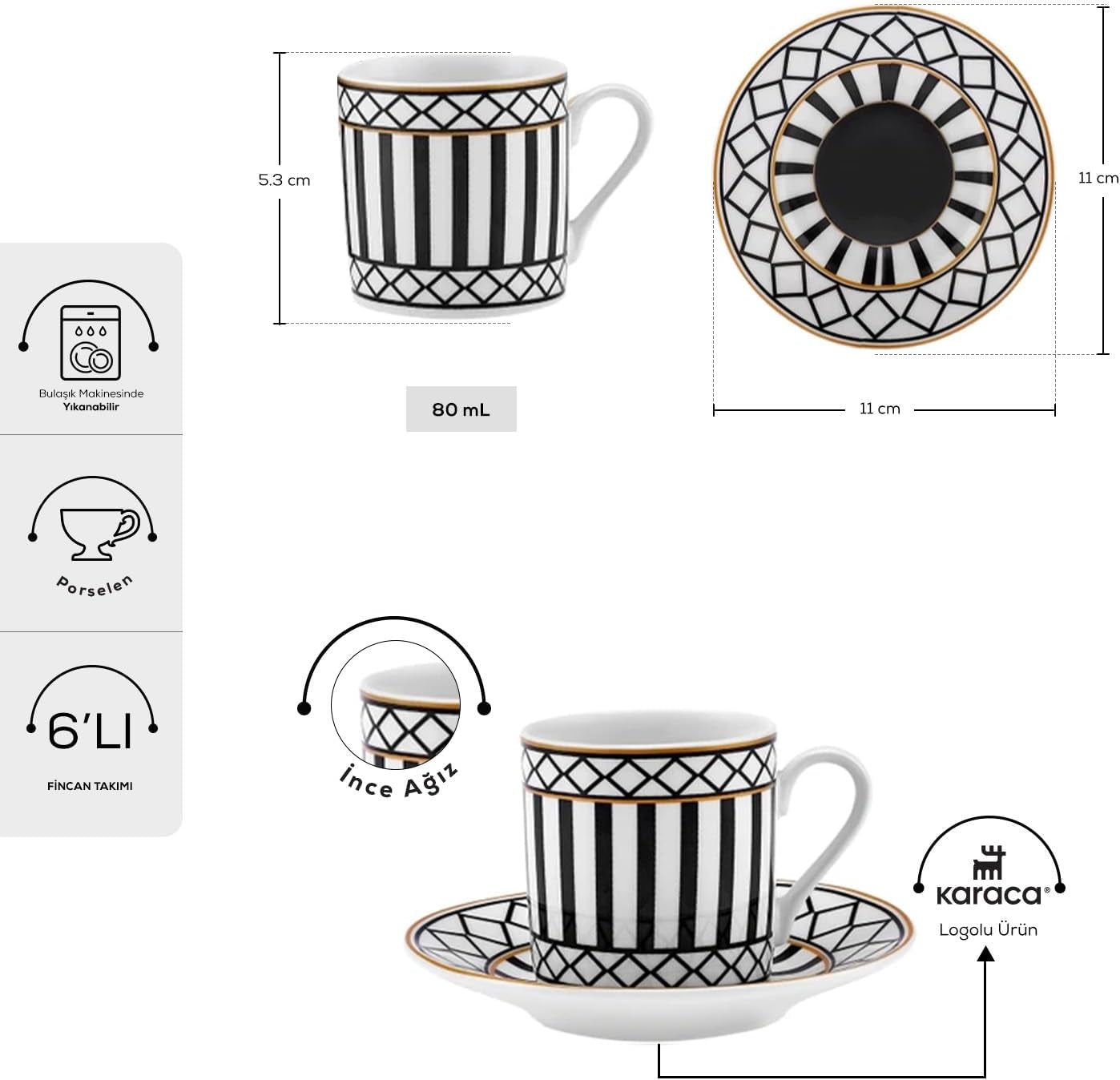 KARACA Helenistik Porcelain Turkish Coffee Cups Set for 6 People - 12 Piece Espresso Cup with Saucers - Drinking Serving Gift Set for Women - Ideal for Serving Turkish Coffee (Black and White, 80 Ml)