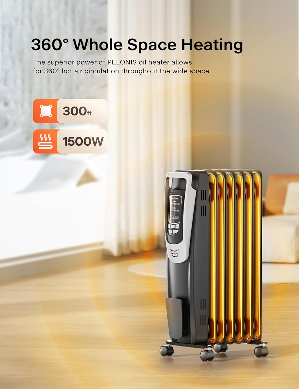 PELONIS Radiator Heater for Indoor Use Large Room with Remote, Thermostat & LED Display, Quiet Oil Filled Heater with 5 Temperature Settings, Overheat & Tip-Over Protection, Silver