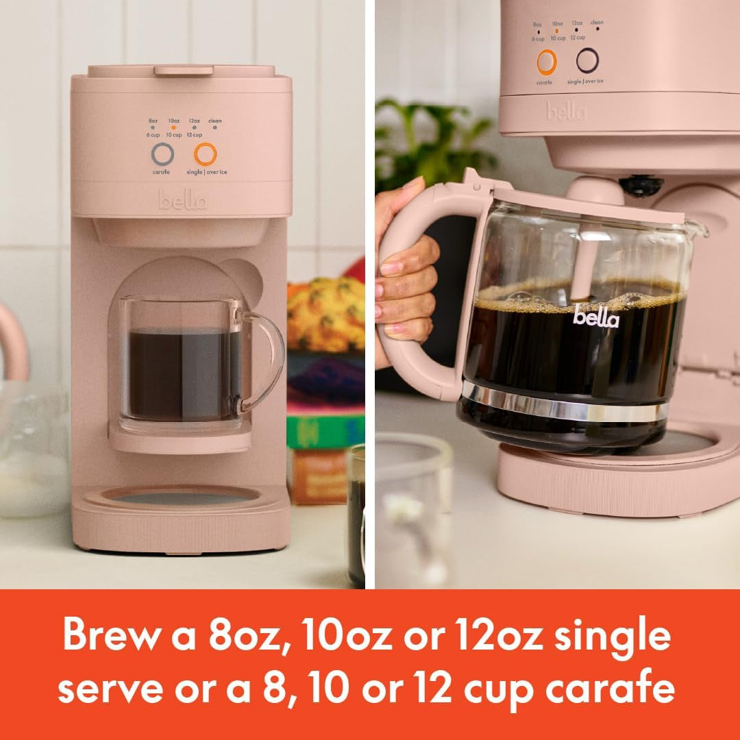 Bella Versabrew 2-In1 Coffee Maker, Fits-Anywhere Kitchenware, Brew 3 Sizes Carafes & Single Serve Cups, Dishwasher Safe Reusable Filter & Filter Holder, Iced Coffee Function, 60Oz Tank, Blossom