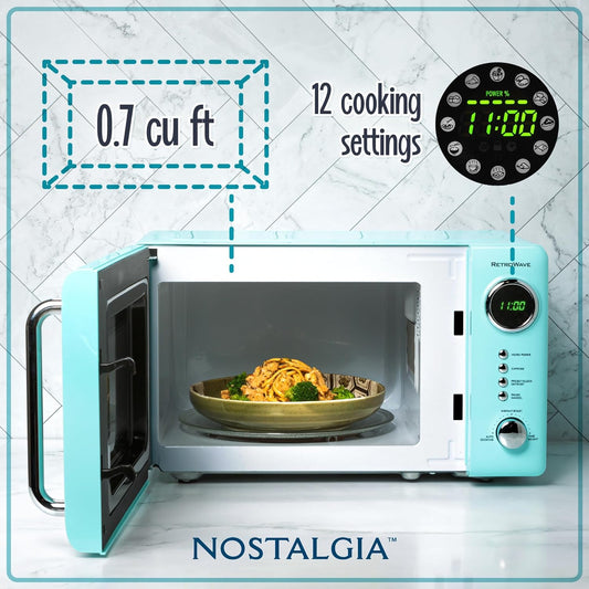 Nostalgia Retro Compact Countertop Microwave Oven - 0.7 Cu. Ft. - 700-Watts with LED Digital Display - Child Lock - Easy Clean Interior - Aqua