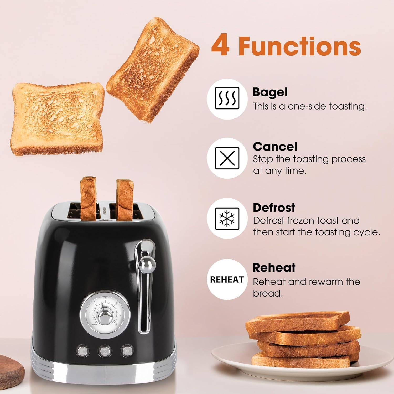 CROWNFUL 2-Slice Toaster, Extra Wide Slots Toaster, Retro Stainless Steel with Bagel, Cancel, Defrost, Reheat Function and 6-Shade Settings, Removal Crumb Tray, Black