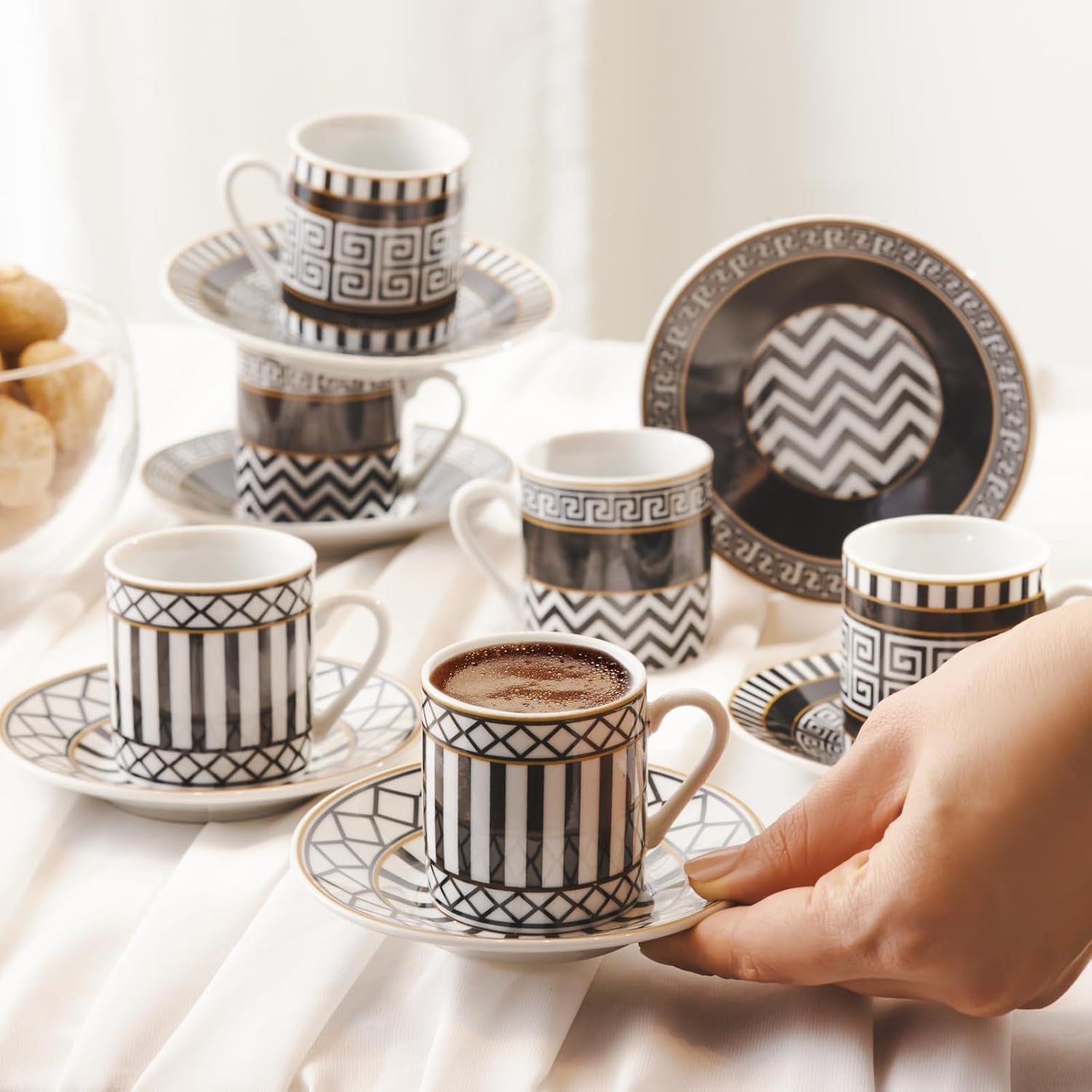 KARACA Helenistik Porcelain Turkish Coffee Cups Set for 6 People - 12 Piece Espresso Cup with Saucers - Drinking Serving Gift Set for Women - Ideal for Serving Turkish Coffee (Black and White, 80 Ml)