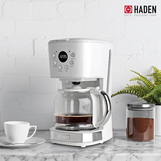 HADEN Coffee Machine, 12 Cup Programmable Drip Coffee Maker with Auto Shut-Off Function and Reusable Washable Water Filter, Ivory & Chrome