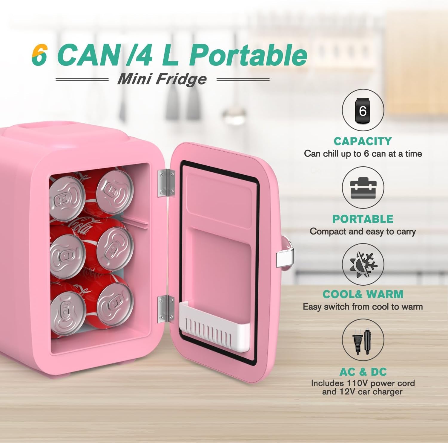 CROWNFUL Mini Fridge 4 Liter 6 Can Portable Cooler and Warmer Fridge for Skin Care & Cosmetics (Pink)