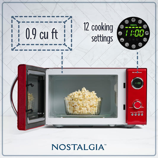 Nostalgia Retro Countertop Microwave Oven - Large 800-Watt - 0.9 Cu Ft - 12 Pre-Programmed Cooking Settings - Digital Clock - Kitchen Appliances - Metallic Red