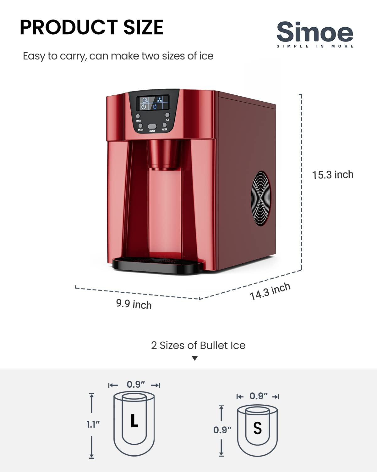 SIMOE Countertop Ice Maker with Built-In Water Dispenser, 36Lbs Compact Ice Machine with LED Display for Kitchen/Office/Bar/Home (Dark Red)