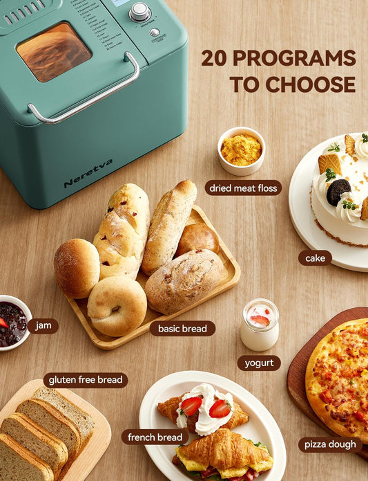 Neretva 20-IN-1 Bread Maker, Dual Heater 2LB Bread Machine Metal Material & Nonstick Ceramic Pan Compact Bread Maker Machines with Gluten Free White Wheat Rye French Pizza Breadmaker Recipe- Green