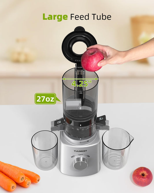 Juicer Machines, TUUMIIST Cold Press Juicer with 4.25'' Large Feed Chute Fit Whole Vegetable and Fruit, Masticating Juicer Easy to Clean, BPA Free (Silvery)