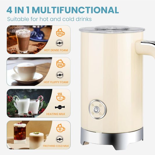 SUSTEAS Milk Frother and Steamer, Electric 4 in 1 Warm and Cold Foam Maker, Automatic Shut-Off Frother with Two Whisks for Latte, Cappuccino, Hot Chocolate, 500W, Beige, 8Oz/240Ml