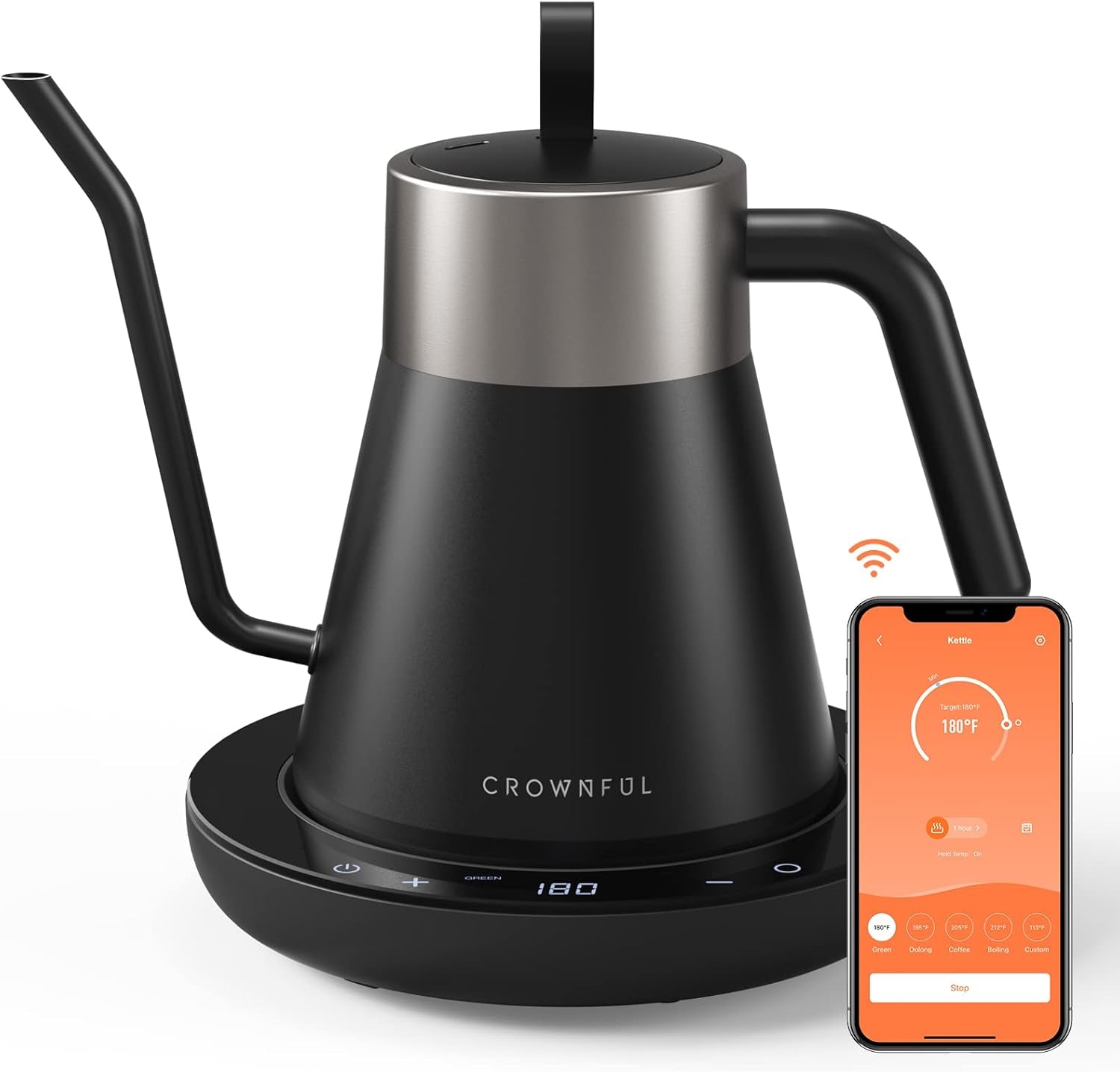 CROWNFUL Smart Electric Gooseneck Kettle with 4 Variable Presets, ±1℉ Temperature Control, 0.8L Capacity, 1200W Quick Heating, 100% Stainless Steel, Pour over Coffee Kettle, Alexa Control