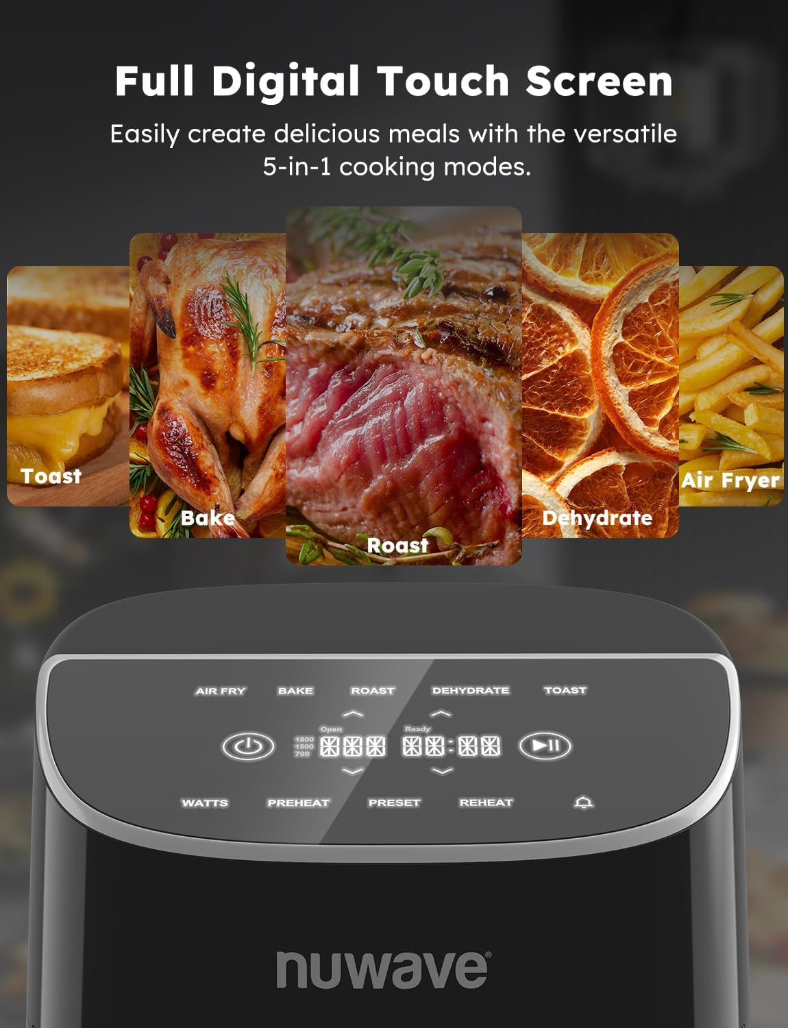 Nuwave Brio plus 8 Qt Air Fryer, PFAS Free, New & Improved, Digital Touch Screen, Cool White Display, 50°F~400°F in Precise 5°, 5 Cook Functions, 100 Presets & 50 Memory, 3 Wattages 700, 1500, 1800