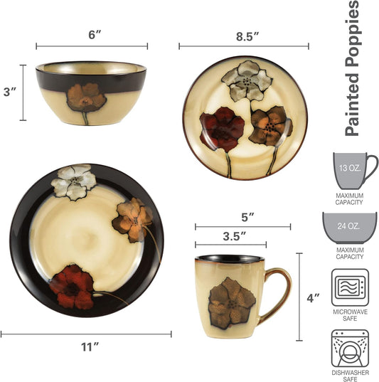 Pfaltzgraff Painted Poppies 16-Piece Stoneware Dinnerware Set, Service for 4, Tan/Assorted -