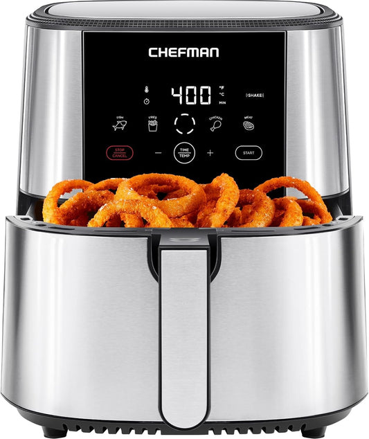 Chefman Turbofry® Touch Air Fryer, XL 8-Qt Family Size, One-Touch Digital Control Presets, French Fries, Chicken, Meat, Fish, Nonstick Dishwasher-Safe Parts, Automatic Shutoff, Stainless Steel