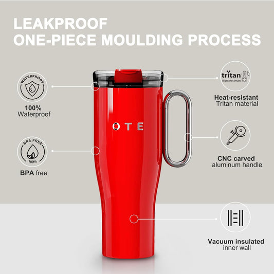 OTE Tumbler with Handle and Straw Lid Double Walled Insulation Stainless Steel 1180ml Red