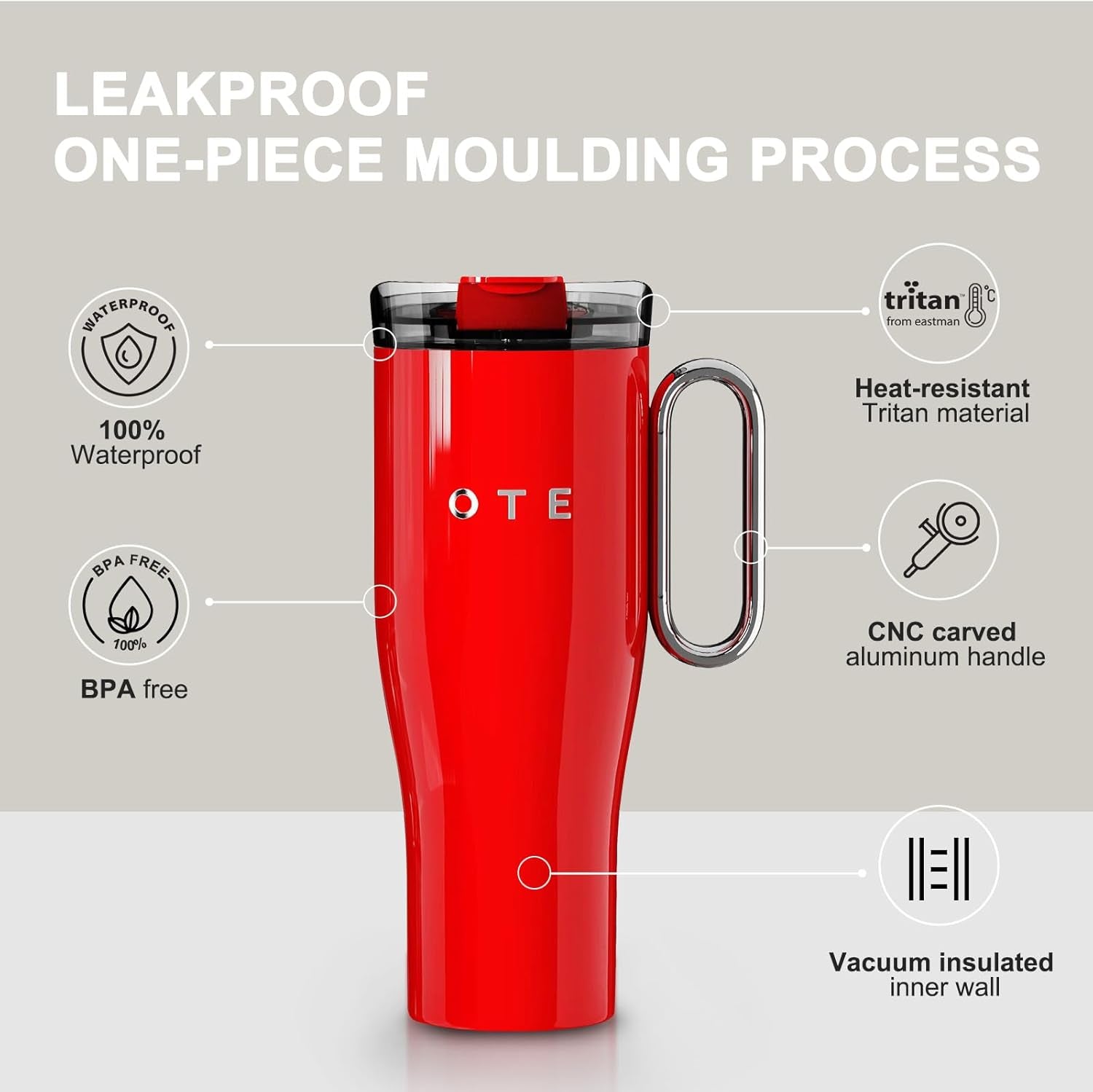 OTE Tumbler with Handle and Straw Lid Double Walled Insulation Stainless Steel 1180ml Beige