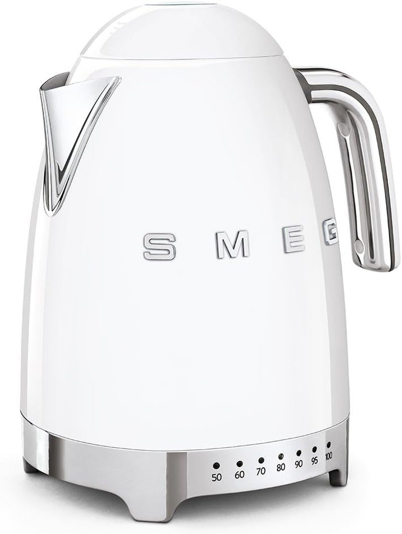 Smeg 50'S Retro 7 Cup Stainless Steel Variable Temperature Electric Kettle with 7 Temperature Settings, Led Display, Swivel Base and Keep Warm Function White KLF04WHUS