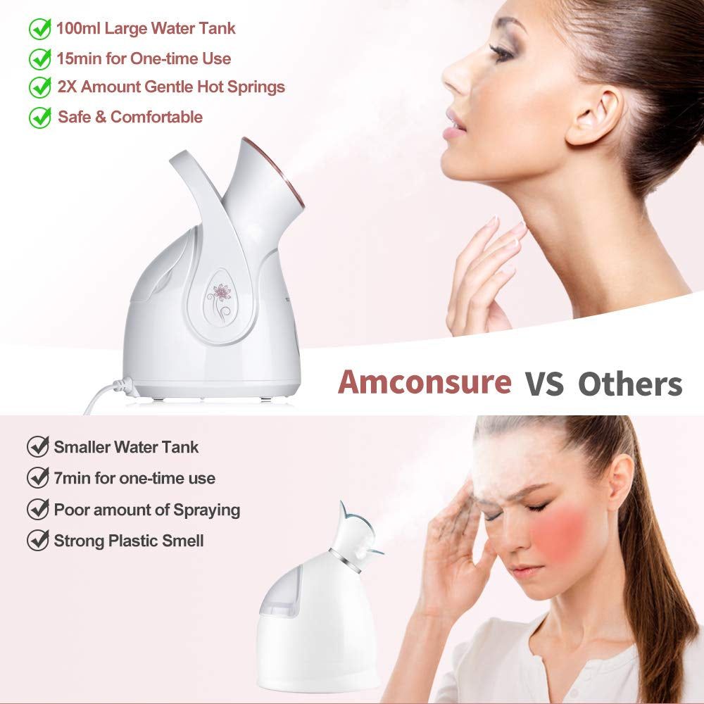 Amconsure Nano Ionic Face Steamer 100ML Warm Mist Humidifier for Face Spa Steamer | Bonus Stainless Steel Skin Kit and 2 Face Scrubbers