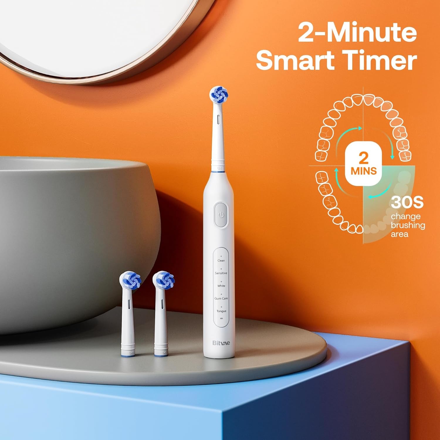 Bitvae Electric Toothbrush 8 Brush 5 Modes Brushing White