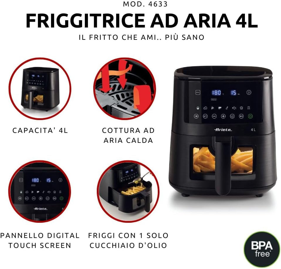 Ariete 4633 Friggitrice Ad Aria 4L, 1400W, Capacità 4L, 9 Programmi, Funzione Shake E Grill, Temperatura Fino a 200°C, Nero