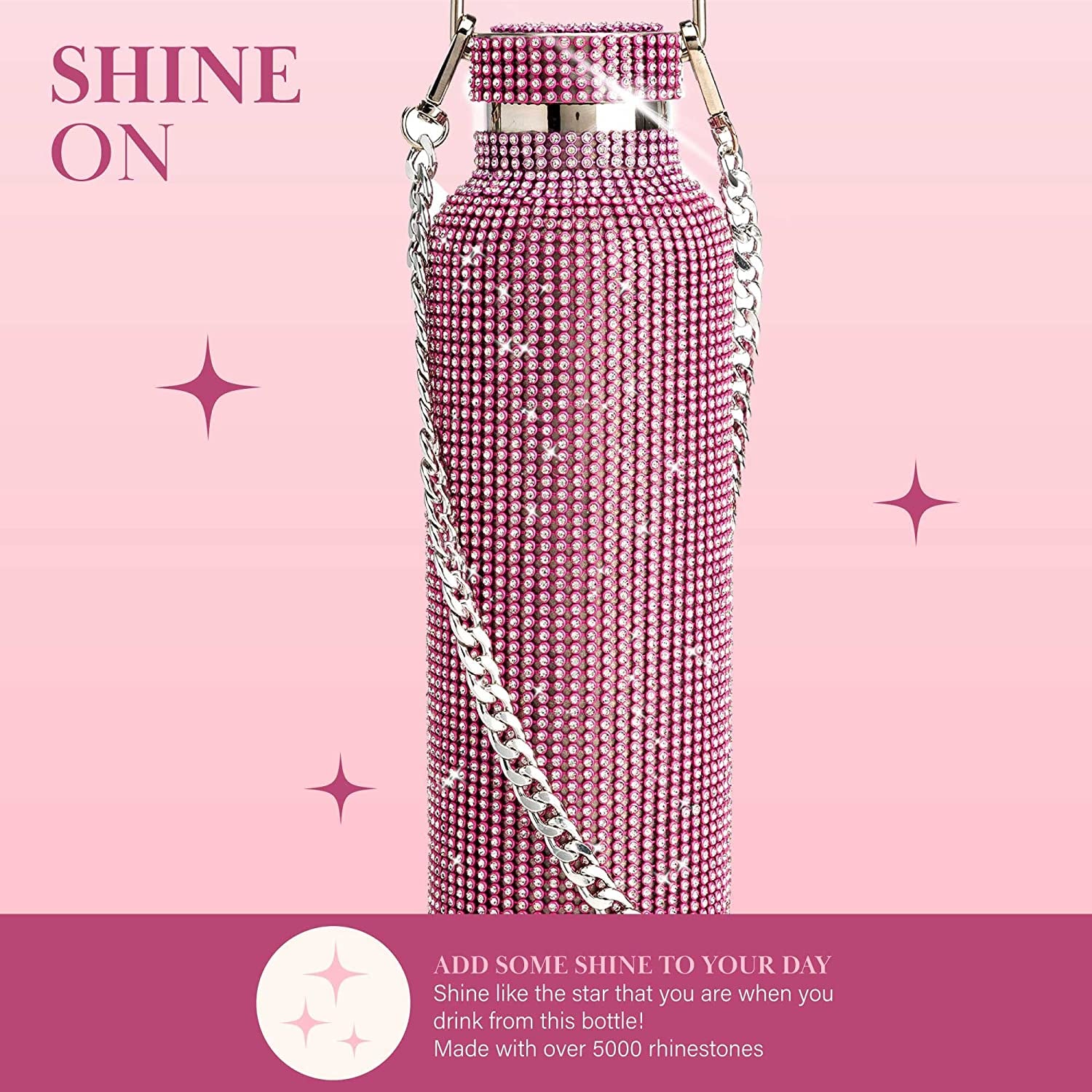 Paris Hilton Diamond Bling Water Bottle with Lid and Removable Carrying Strap, Stainless Steel Vacuum Insulated, Bedazzled with over 5000 Rhinestones, 25-Ounce, Ombre Pink to Silver