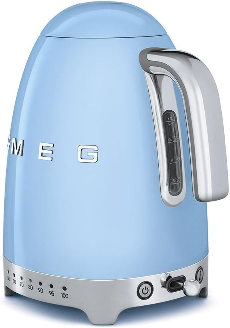 Smeg 50'S Retro 7 Cup Stainless Steel Variable Temperature Electric Kettle with 7 Temperature Settings, Led Display, Swivel Base and Keep Warm Function Pastel Blue KLF04BLUS