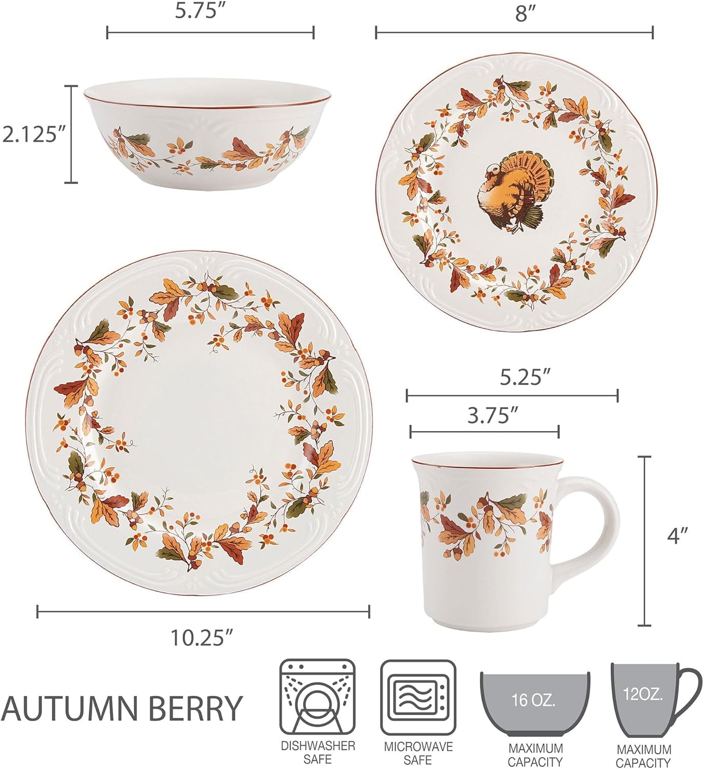 Pfaltzgraff Autumn Berry 16 Piece Dinnerware Set, Service for 4, Multi Colored