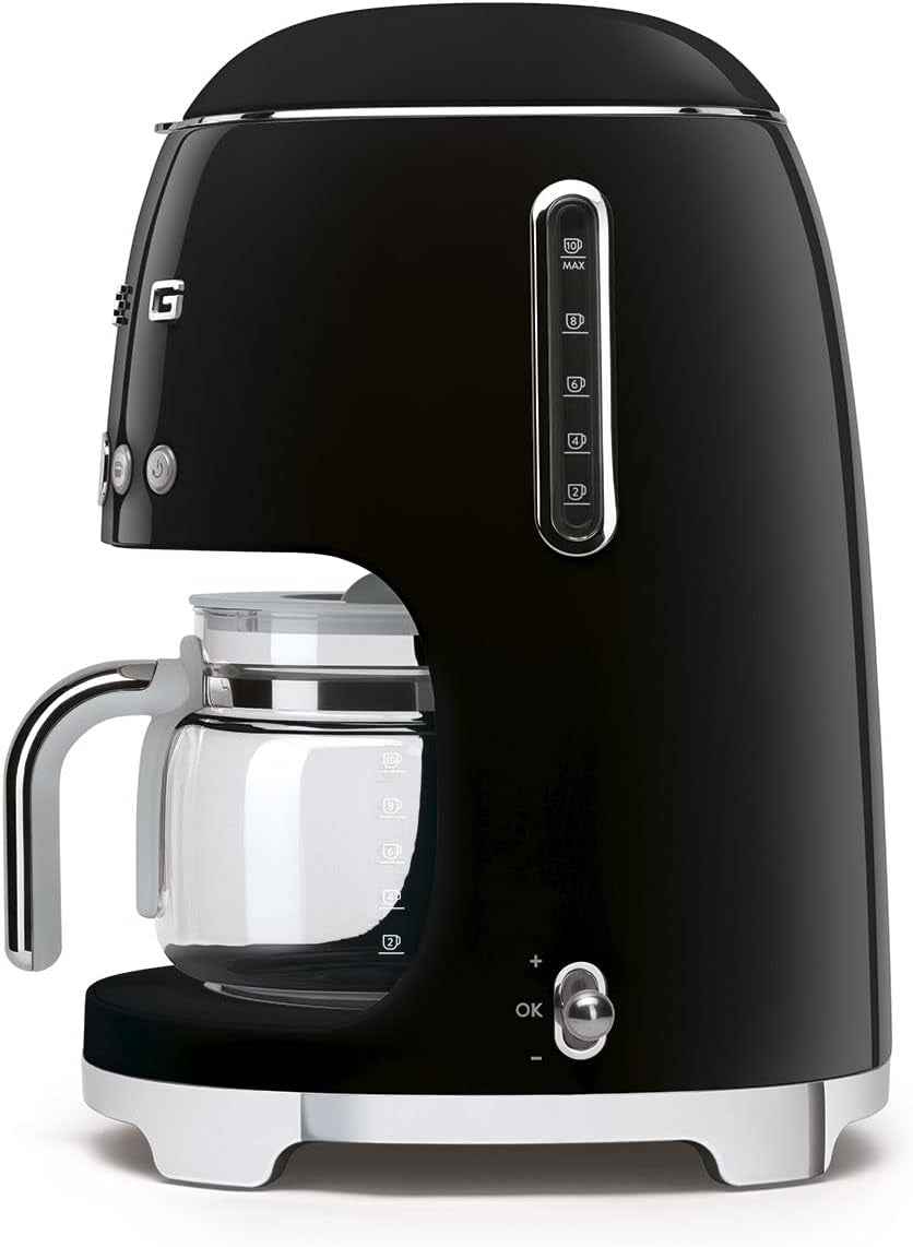 Smeg 50'S Retro Style Aesthetic Drip Coffee Machine with 10 Cup Glass Carafe, Auto Start Feature, Keep Warm Plate, and Two Coffee Strength Settings (Black)