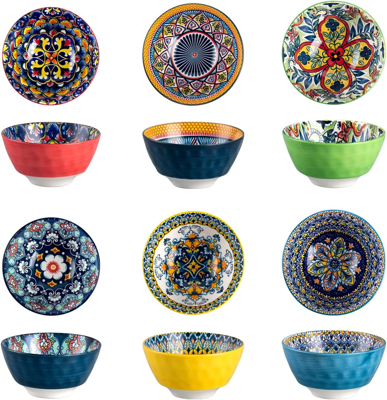 HENXFEN LEAD Bohemian Style Dessert Bowls Set Pack of 6 Colorful 360ml