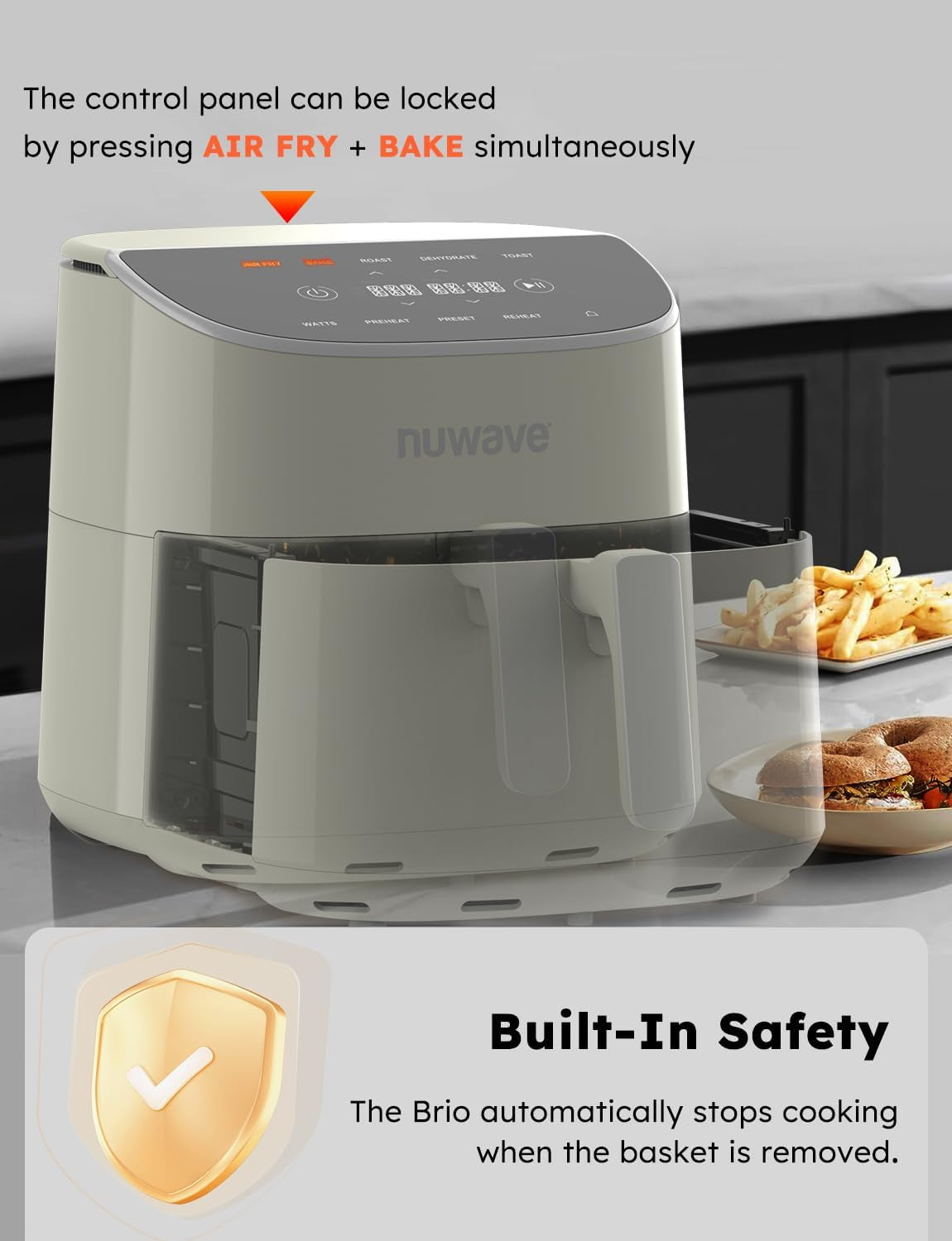 Nuwave Brio plus 8 Qt Air Fryer, PFAS Free, New & Improved, Digital Touch Screen, Cool White Display, 50°F~400°F in Precise 5°, 5 Cook Functions, 100 Presets & 50 Memory, 3 Wattages 700, 1500, 1800