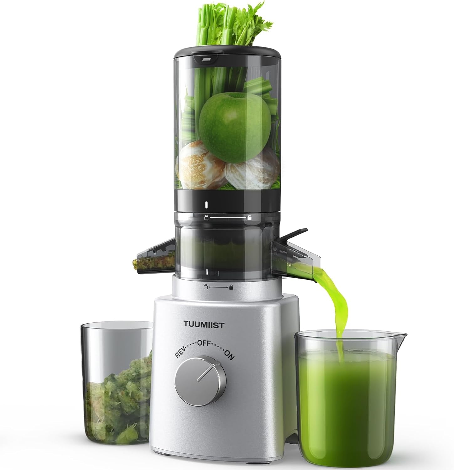 Juicer Machines, TUUMIIST Cold Press Juicer with 4.25'' Large Feed Chute Fit Whole Vegetable and Fruit, Masticating Juicer Easy to Clean, BPA Free (Silvery)