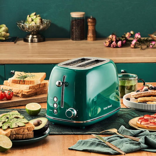 2 Slice Toaster Roter Mond Retro Stainless Steel Toaster with Bagel, Cancel, Defrost Function and 6 Bread Shade Settings Bread Toaster, Extra Wide Slot and Removable Crumb Tray, Green