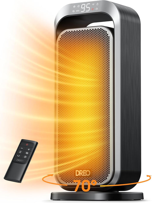 Dreo Quiet Space Heaters for Indoor Use, 1500W Electric Heater with Remote, PTC Ceramic Heater with Thermostat, 12H Timer, 70° Oscillation, Digital Display, Fast Safety Room Heater for Bedroom Office