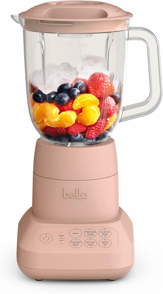 Bella 10 Speed Countertop Blender, Juicer & Smoothie Maker, Fits-Anywhere™ Kitchenware, Slim Flip & Store Design, Dishwasher Safe 48Oz Capacity Pitcher & Lid, Stainless Steel Blade, 450 Watt, Blossom