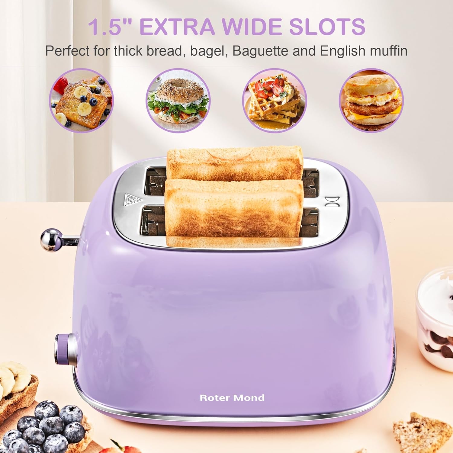 Roter Mond Retro Stainless Steel 2 Slice Toaster 6 Bread Shade Settings Purple