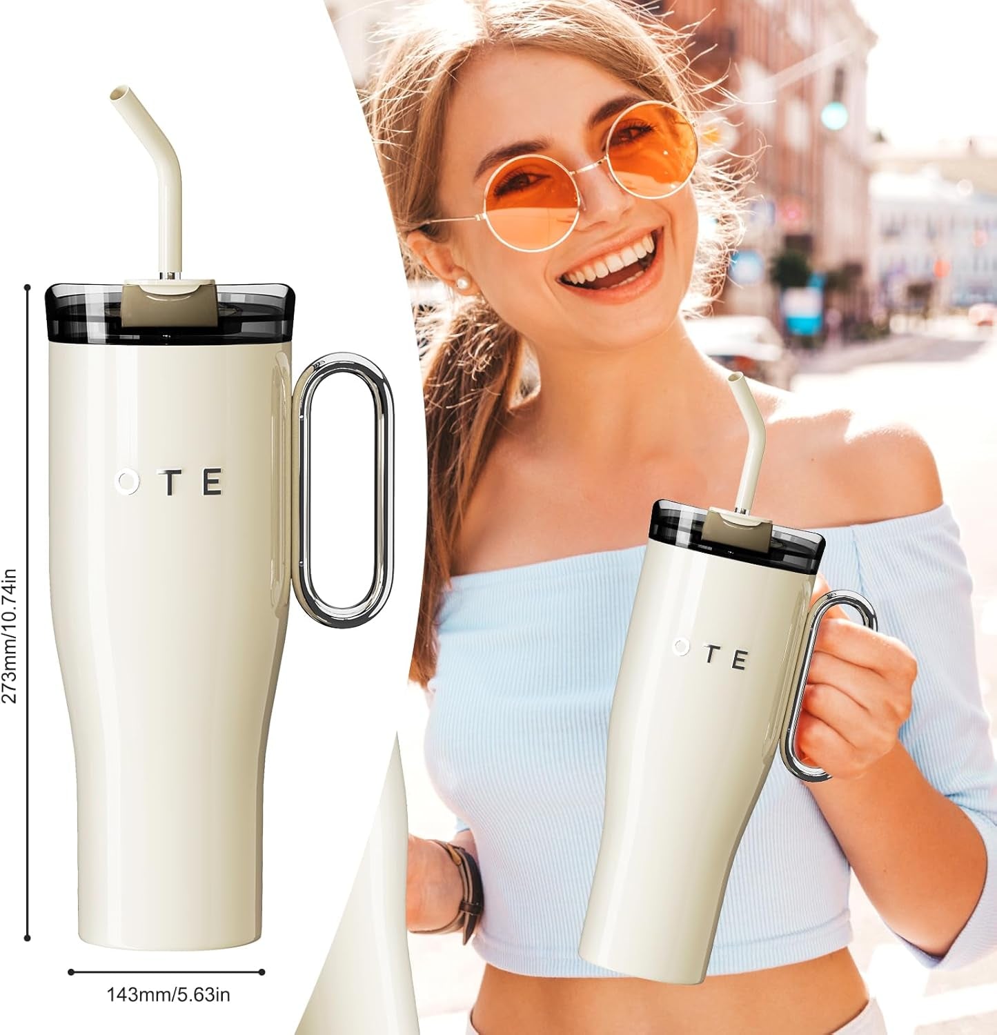 OTE Tumbler with Handle and Straw Lid Double Walled Insulation Stainless Steel 1180ml Beige