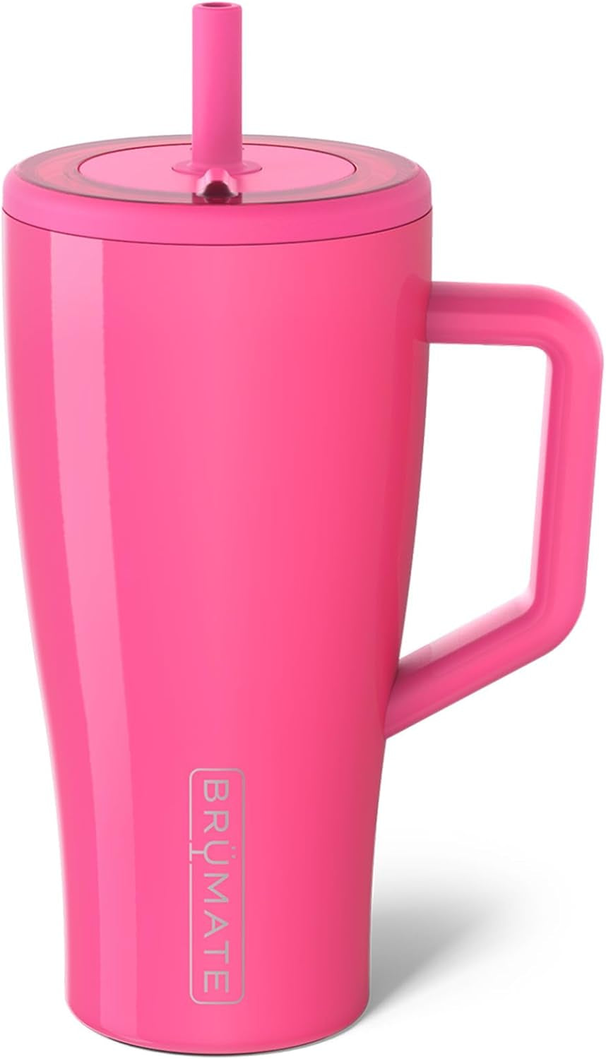 Brümate Era 30 Oz Tumbler with Handle and Straw | 100% Leakproof Insulated Tumbler with Lid and Straw | Made of Stainless Steel | Cup Holder Friendly Base | 30Oz (Neon Pink)