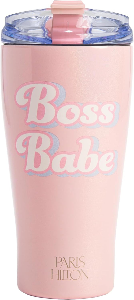 Paris Hilton Boss Babe Tumbler, Insulated Water Bottle with Leak-Proof, Flip-Top Lid, Stainless Steel Travel Cup Keeps Drinks Cold-24 Hours, Hot-8 Hours, 20-Ounce, Pink Iridescent