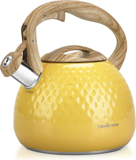 Tea Kettle, Stovetop Teapot, 2.5 Quart, Loud Whistle, Food Grade Stainless Steel and Smooth Wood Pattern Handle, Sophisticated Look for Hiking, Picnic, for Tea, Coffee, (Yellow)