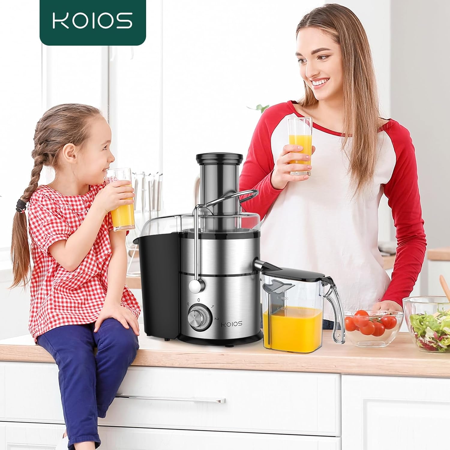 1300W KOIOS Centrifugal Juicer Machines, Juice Extractor with Extra Large 3Inch Feed Chute, Full Copper Motor, Titanium-Plated Filter, High Juice Yield, 3 Speeds Mode,Easy to Clean with Brush,Bpa-Free