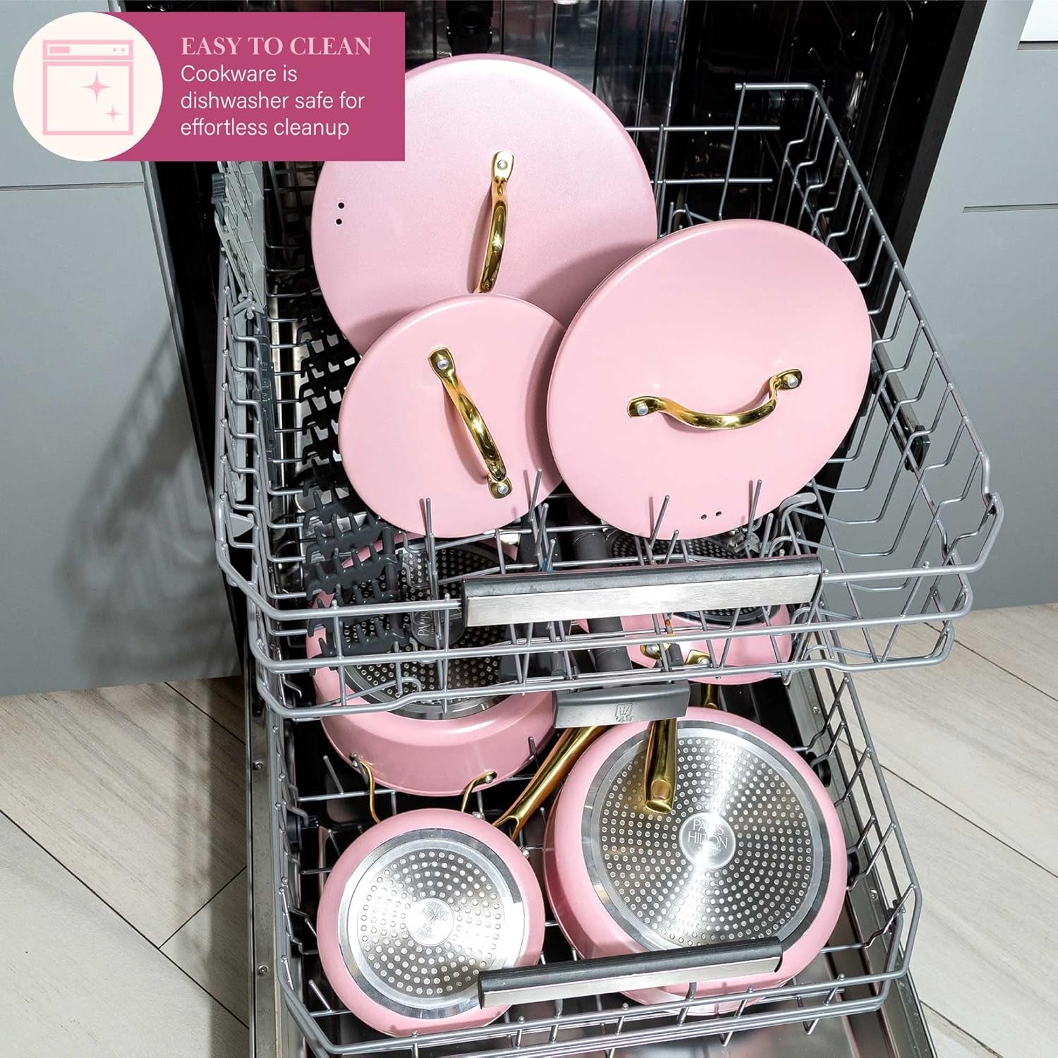 Paris Hilton Iconic Nonstick Pots and Pans Set, Multi-Layer Nonstick Coating, Matching Lids with Gold Handles, Made without PFOA, Dishwasher Safe Cookware Set, 10-Piece, Pink