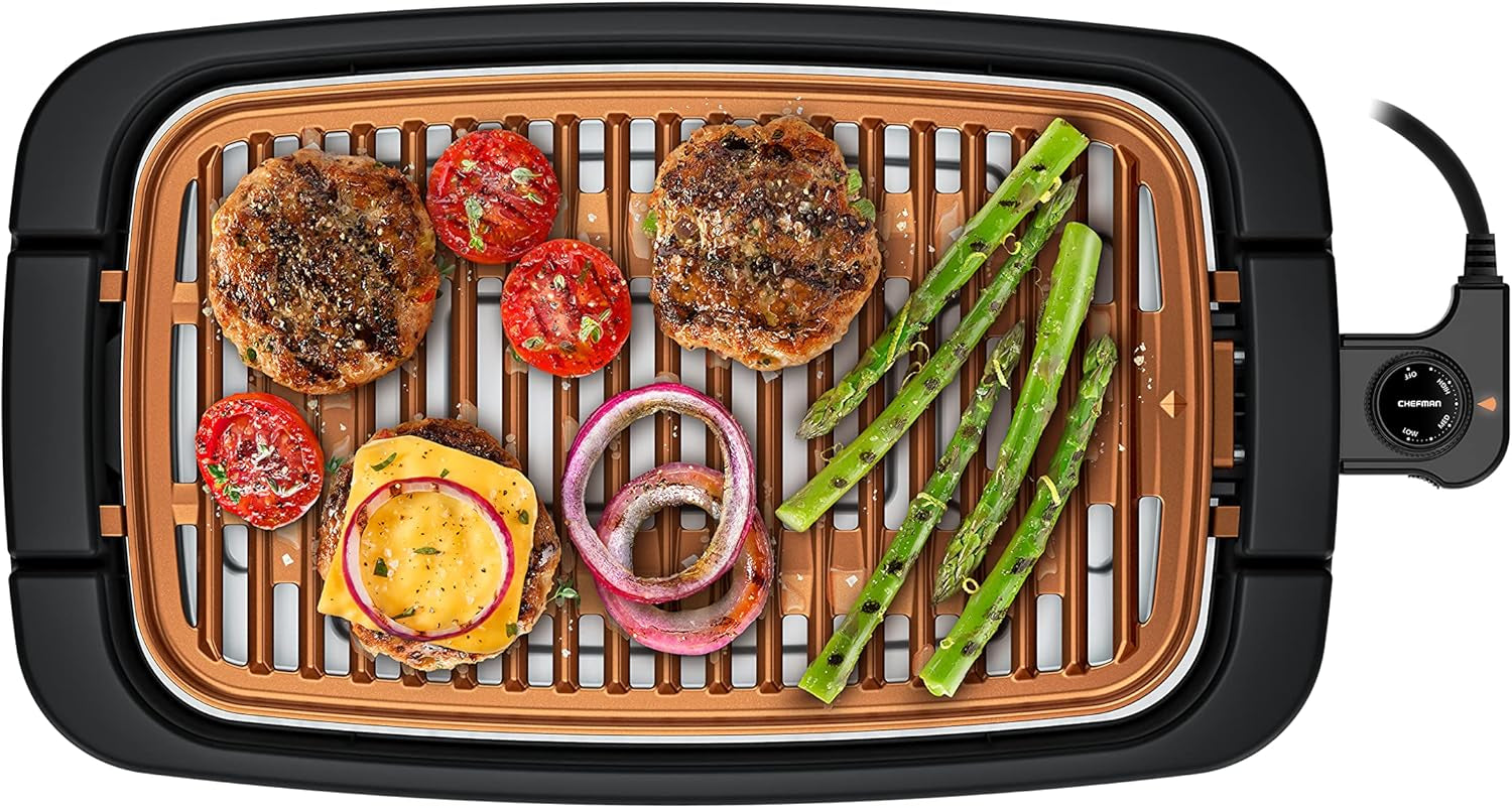 Chefman Smokeless Indoor Electric Grill, Copper, Extra Large, Nonstick Table Top Grill for Indoor Grilling and BBQ with Adjustable Temperature Control, Nonstick Dishwasher-Safe Parts, 9" X 15"