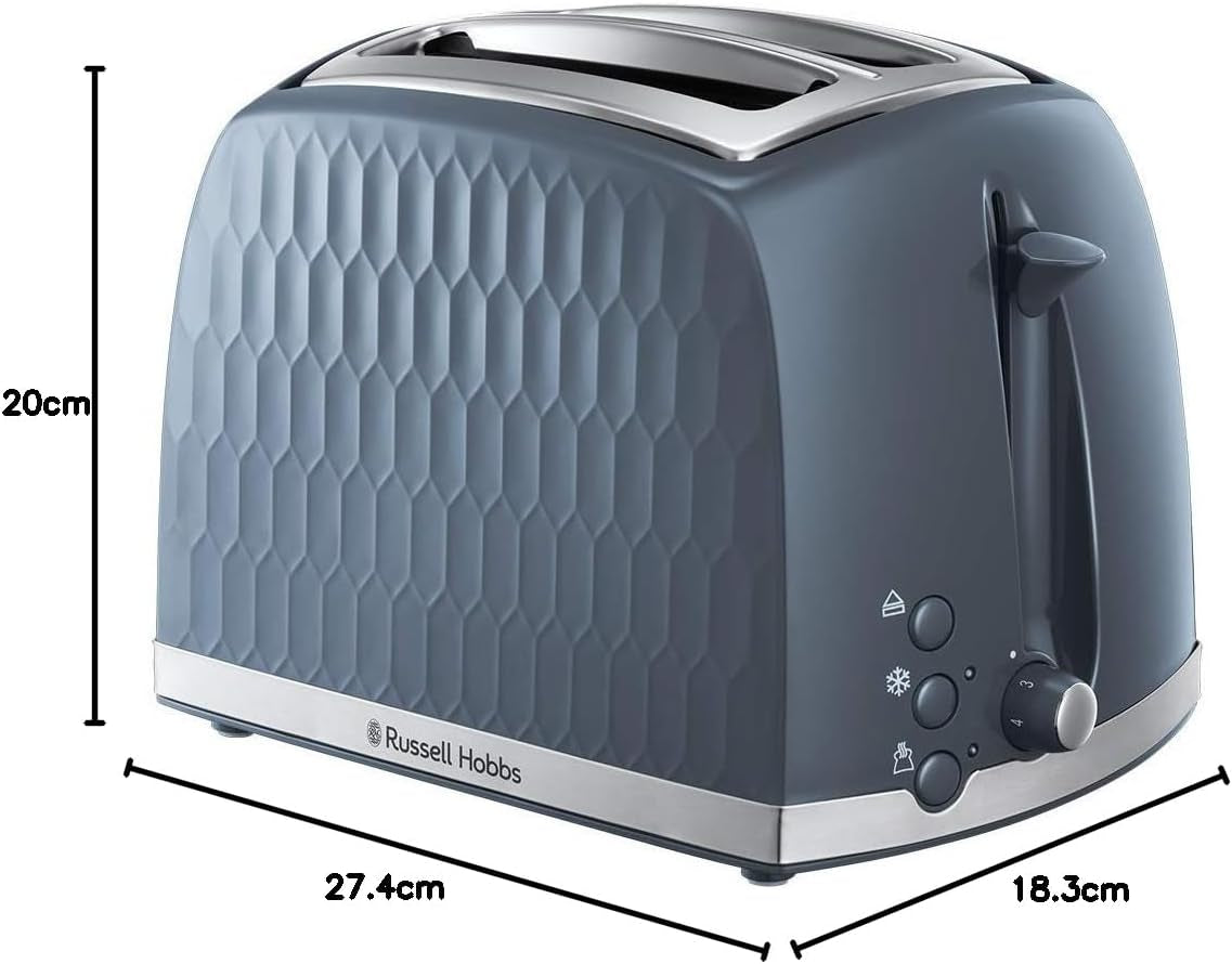 Honeycomb 2 Slice Toaster (Extra Wide Slots, High Lift Feature, 6 Browning Levels, Frozen/Cancel/Reheat Function, Removable Crumb Tray, 850W, Grey Textured High Gloss) 26063