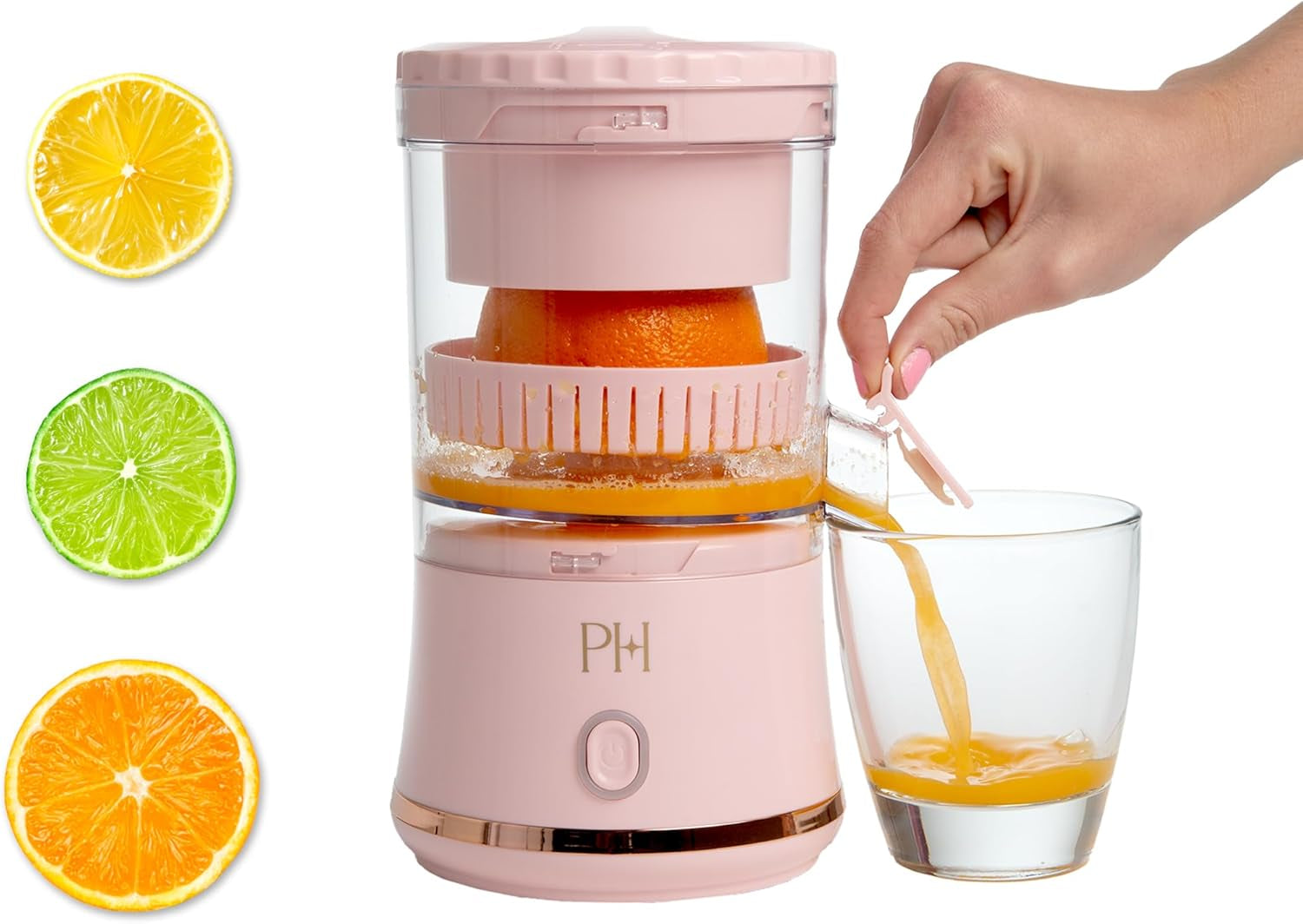 Paris Hilton Electric Citrus Juicer, Mini Portable Cordless Juicer with USB Rechargeable Base, One-Touch Button, Compact Lemon, Lime and Orange Juicer, Pink